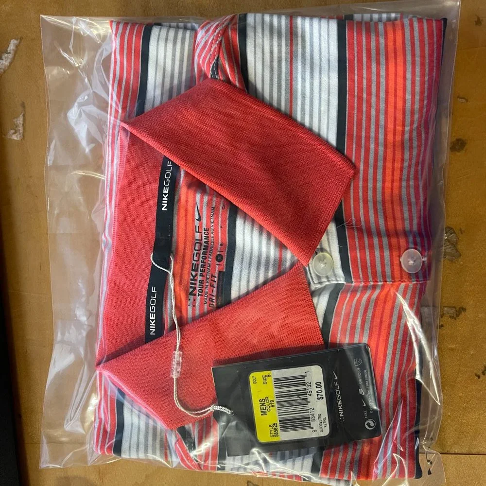 NWT! NIKE Men's Golf Shirt Performance Red/Orange White Black Gray Stripe‎ Small